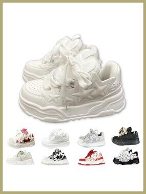 Chunky Star Sneakers Women Mesh PU Lace Up Platform Dad Shoes Unisex